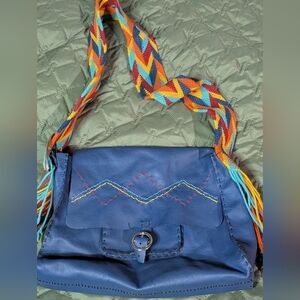 Blue Genuine Leather Handbag with Multicolor Strap